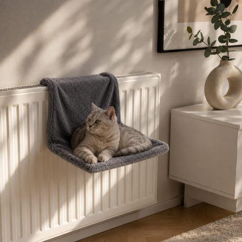 Chat gris installé dans un hamac de radiateur pour chat en peluche grise, parfait pour profiter d’un couchage chaud et confortable.
