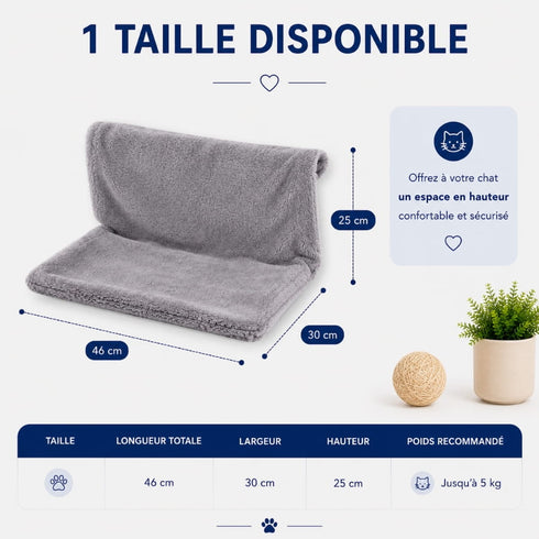 Guide des dimensions du hamac de radiateur pour chat en peluche grise, format 46 x 30 x 25 cm, conçu pour offrir un couchage chaud et confortable.