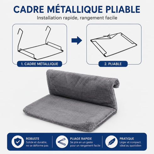 Hamac de radiateur pour chat gris avec cadre métallique pliable, conçu pour une installation rapide et un rangement facile au quotidien.