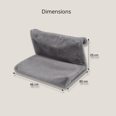Dimensions du hamac de radiateur pour chat gris, présentée avec mesures visibles sur fond neutre.