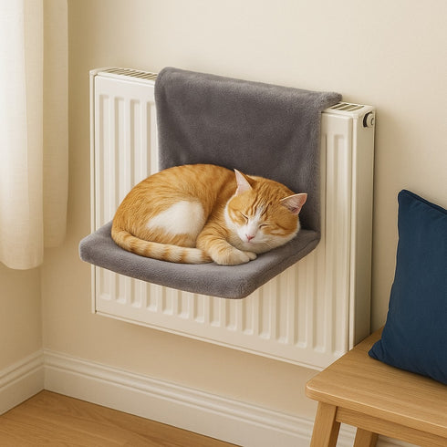 Hamac de radiateur pour chat en tissu gris avec chat roux et blanc endormi, installé sur un radiateur dans un intérieur cosy.