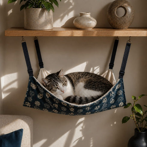 Chat allongé dans un hamac suspendu pour chat en tissu bleu à motifs, accroché sous une étagère pour un espace repos cosy et pratique.