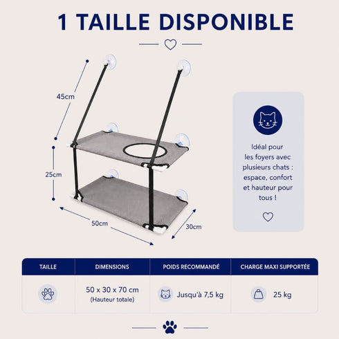 Dimensions visibles sur l’image du hamac ventouse pour chat à double étage, couchage suspendu gris de 50 x 30 x 70 cm, idéal pour plusieurs chats.