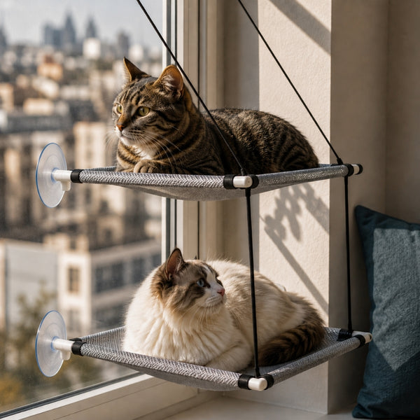 Hamac ventouse double étage pour chat fixé à une fenêtre avec deux chats confortablement installés sur les plateformes suspendues.