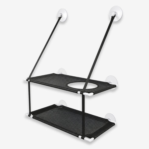 Hamac ventouse noir double pour chat avec deux plateformes suspendues et fixation renforcée pour fenêtre.
