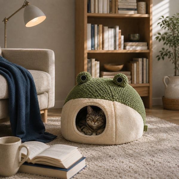 Chat tigré installé dans un igloo pour chat vert en forme de grenouille, placé dans un salon chaleureux à l’ambiance cocooning.