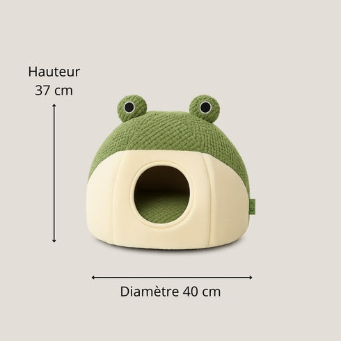 Dimensions de l’igloo pour chat vert et beige : diamètre 40 cm, hauteur 37 cm.