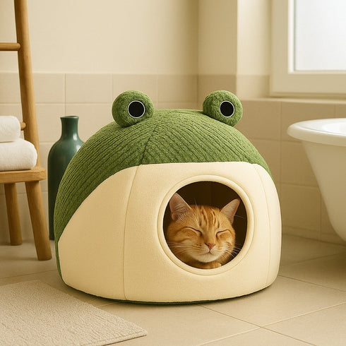Igloo pour chat vert et beige posé au sol dans une salle de bain, avec un chat roux à l’intérieur.