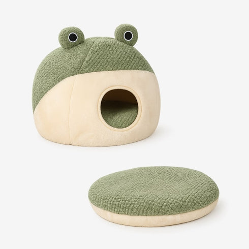 Igloo pour chat vert et beige avec coussin amovible, niche douce entrée ronde