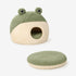 Igloo pour chat vert et beige avec coussin amovible, niche douce entrée ronde