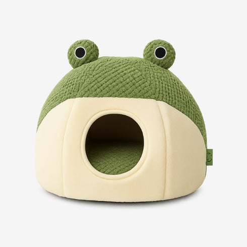 Igloo pour chat vert et beige, niche douce avec entrée ronde, vue de face
