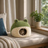 Chat tigré dans un igloo pour chat vert en forme de grenouille, posé près d’une fenêtre lumineuse dans un intérieur cosy et apaisant.