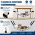 Guide d’installation du hamac suspendu pour chat montrant deux méthodes de fixation sous une chaise ou sur une cage avec sangles réglables et crochets métalliques robustes.