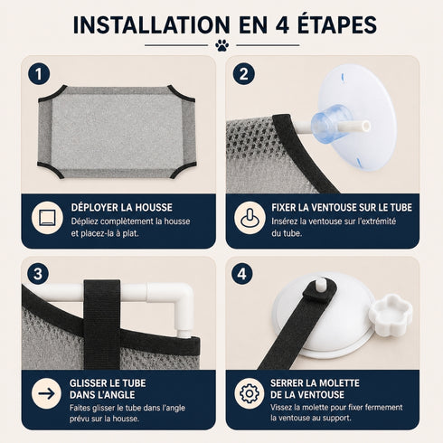 Guide d’installation du hamac ventouse pour chat avec étapes de montage et fixation des ventouses sur une fenêtre.