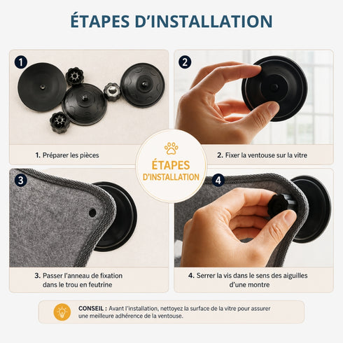 Guide d’installation du panier pour chat en hauteur avec étapes de fixation des ventouses sur une fenêtre.