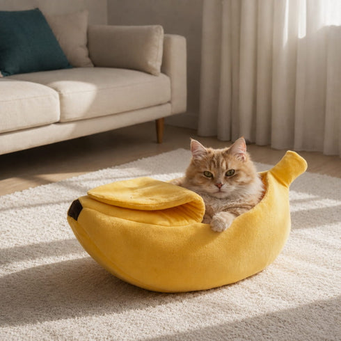 Chat allongé dans un lit banane jaune en peluche douce, couchage original et confortable pour chat d’intérieur.
