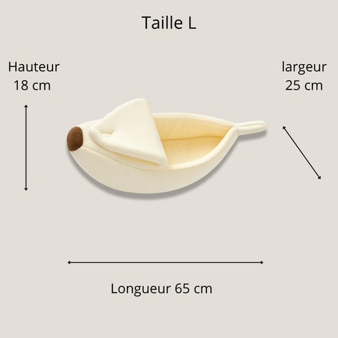 Dimensions du lit banane pour chat taille L, 65 cm de longueur, 25 cm de largeur et 18 cm de hauteur