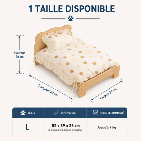Dimensions visibles sur l’image du lit en bois pour chat avec coussin et oreiller beiges, couchage de 52 × 39 × 26 cm recommandé pour chats jusqu’à 7 kg.