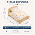 Dimensions visibles sur l’image du lit en bois pour chat avec coussin et oreiller beiges, couchage de 52 × 39 × 26 cm recommandé pour chats jusqu’à 7 kg.