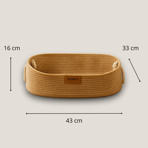 Dimensions du lit en osier pour chat : 43 cm de long, 33 cm de large et 16 cm de haut, panier beige avec poignées.
