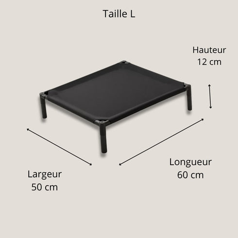 Dimensions du lit pour chat sur pied taille L avec structure surélevée, longueur 60 cm, largeur 50 cm et hauteur 12 cm.