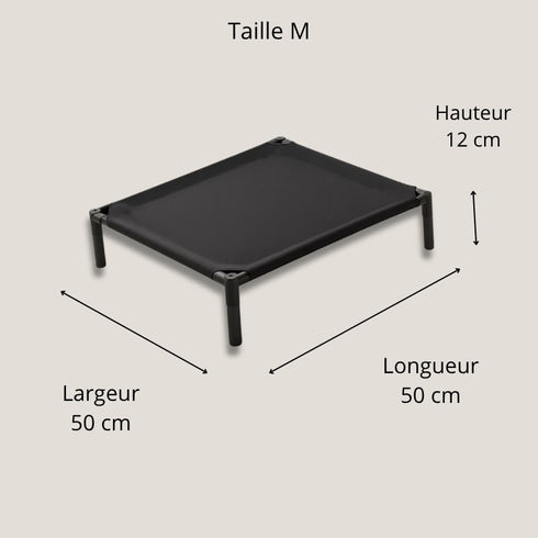 Dimensions du lit pour chat sur pied taille M avec structure surélevée, largeur et longueur 50 cm et hauteur 12 cm.