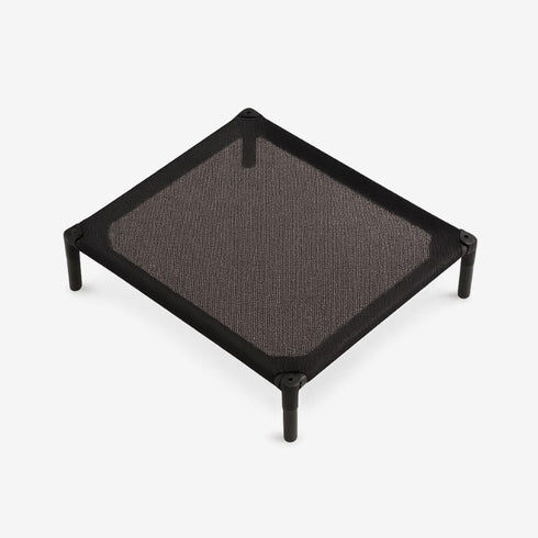 Lit pour chat sur pied en tissu respirant noir, présenté en studio sur fond blanc.