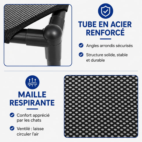 Détail d’un lit sur pied pour chat avec structure en acier renforcé noir et maille respirante conçue pour le confort et la ventilation