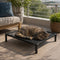 Lit sur pied pour chat en maille noire avec chat allongé sur une terrasse extérieure ensoleillée au style moderne et épuré