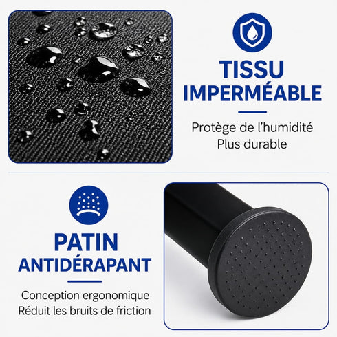 Détails d’un lit sur pied pour chat avec tissu imperméable noir et patins antidérapants pour une utilisation stable et durable