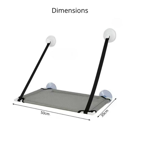 Schéma des dimensions du lit en hauteur pour chat en tissu gris, avec fixation par ventouses, indiquant une plateforme de 50 × 30 cm.