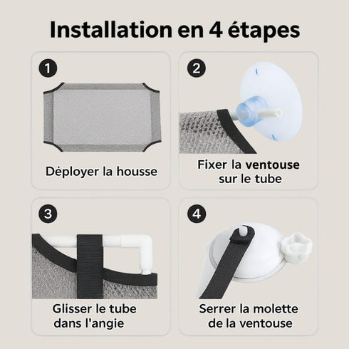 Infographie présentant l’installation en 4 étapes du lit en hauteur pour chat en tissu gris, avec déploiement de la housse, fixation des ventouses et serrage des sangles.