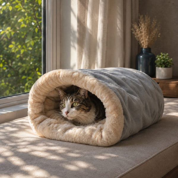 Lit douillet pour chat en forme de tunnel gris avec intérieur en peluche beige, offrant un espace chaud et rassurant près d’une fenêtre lumineuse.