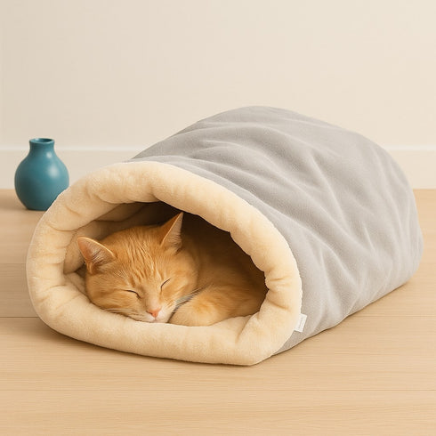 Chat roux endormi dans un lit douillet pour chat gris et beige, couchage cocooning posé au sol dans un intérieur lumineux.