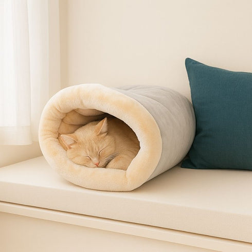 Chat endormi dans un lit douillet tunnel gris et crème, posé sur une banquette près d’une fenêtre.