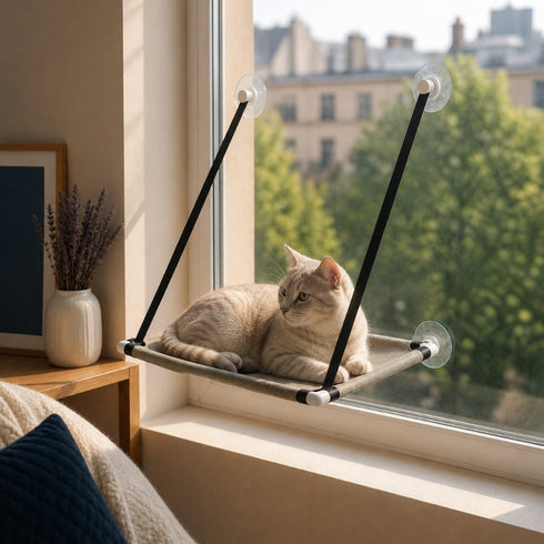 Chat beige installé sur un lit en hauteur pour chat fixé à une fenêtre avec sangles noires et ventouses transparentes.