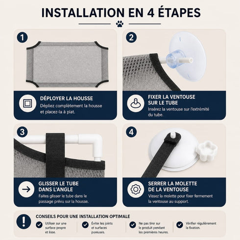 Guide d’installation en 4 étapes pour lit en hauteur pour chat avec housse, tubes, sangles et ventouses de fixation.