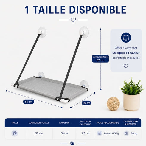 Dimensions visibles sur l’image du lit en hauteur pour chat à suspendre à une fenêtre, couchage en filet gris de 50 x 30 cm avec hauteur réglable jusqu’à 67 cm.