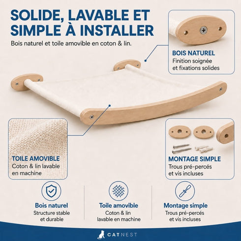 Lit mural pour chat en bois naturel avec toile beige amovible en coton et lin, présenté avec détails de fixation et montage simple.