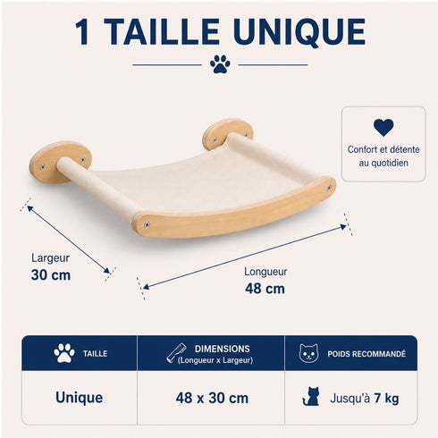 Lit mural pour chat en bois naturel et toile beige, présenté avec ses dimensions 48 x 30 cm et un poids recommandé jusqu’à 7 kg.