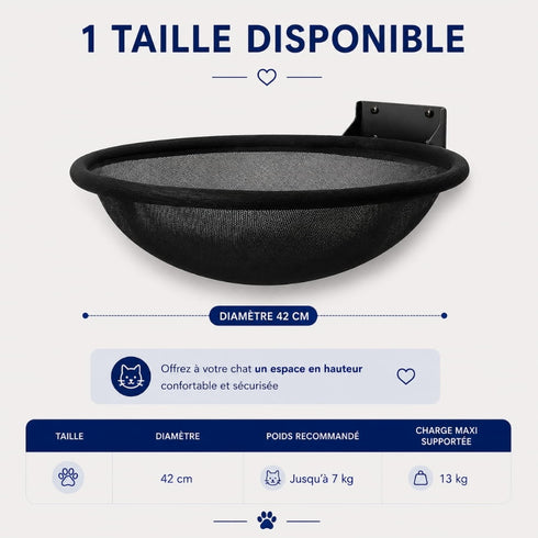 Dimensions visibles sur l’image du lit mural pour chat en filet noir, couchage rond de 42 cm de diamètre à fixer au mur, recommandé jusqu’à 7 kg.