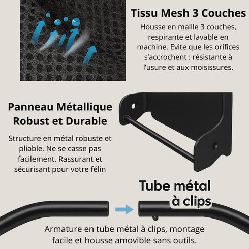 Infographie du lit mural pour chat montrant le tissu mesh respirant à trois couches, le panneau métallique robuste et le tube en métal à clips pour un montage facile.