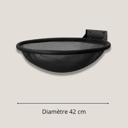 Schéma des dimensions du lit mural pour chat en mesh noir, indiquant un diamètre de 42 cm pour le couchage circulaire fixé au mur.