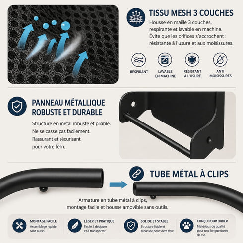 Infographie détaillant les caractéristiques du lit mural pour chat pliable avec tissu mesh respirant 3 couches, structure métallique robuste, tube à clips pratique et matériaux résistants pour un couchage durable et confortable.