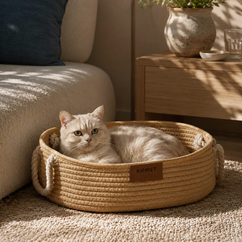 Chat blanc installé dans un lit osier chat rond en imitation osier avec poignées en corde, posé sur un tapis dans un salon chaleureux et lumineux.