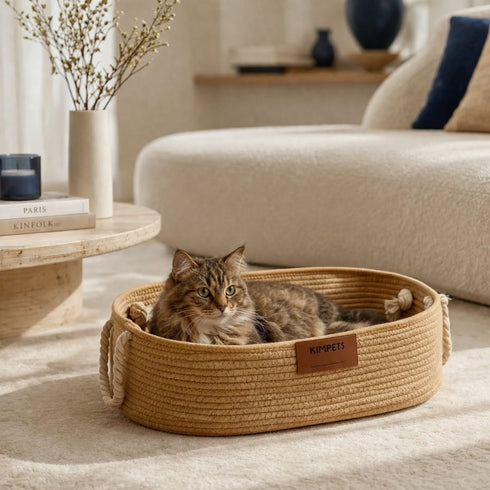 Chat allongé dans un lit osier chat en imitation osier avec poignées en corde, installé dans un salon lumineux et chaleureux.