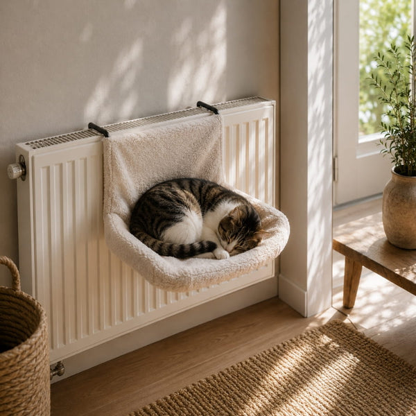 Chat endormi dans un lit radiateur pour chat en peluche beige, suspendu au chauffage pour offrir un couchage chaud et douillet.