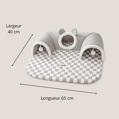 Lit tunnel pour chat avec double entrée et coussin à carreaux, dimensions 65 × 40 cm, offrant un espace de repos confortable et ludique.