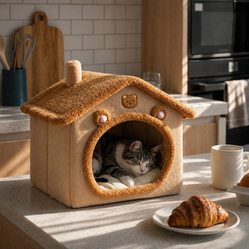 Chat endormi dans une maison pour chat beige avec toit moelleux et détails ourson, posée dans une cuisine lumineuse et chaleureuse.