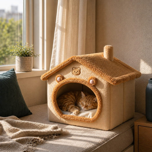 Chat roux endormi dans une maison pour chat beige avec toit moelleux et détails ourson, près d’une fenêtre lumineuse et chaleureuse.
